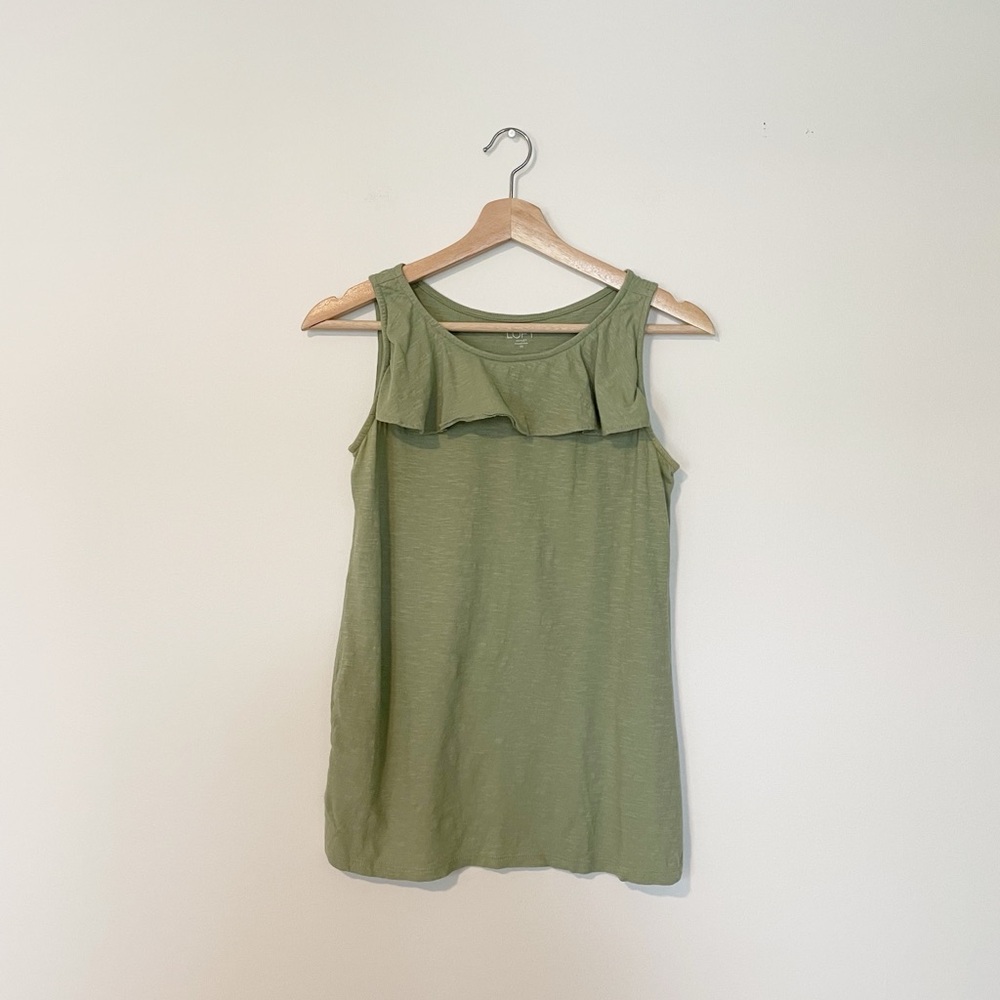 LOFT Sage Green Sleeveless Ruffle Tank Top Shirt